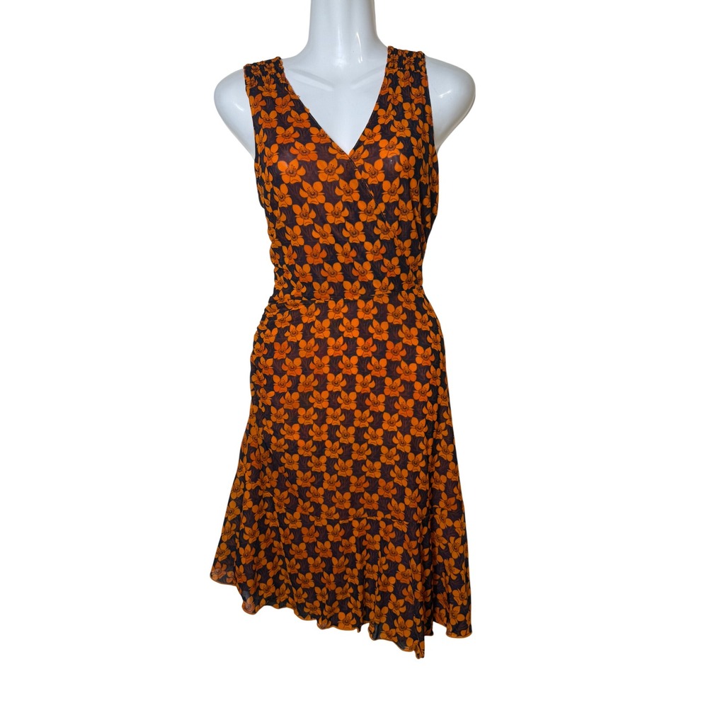 CAbi Orange Navy Floral Polka Dot Reversible Mesh Stretch Dress Small Y2K Style
